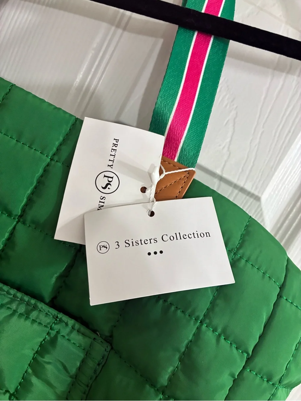 Quilted Green Tote with Striped Shoulder Handles